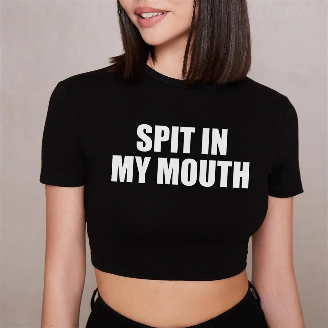 Spit in My Mouth Crop Top Baby Tee Mädchen Sommerdruck Slim Tops Y2k EMO Mädchen Casual T-Shirts Tops Sommer 90er T-Shirts Vintage Tops – Detail 4