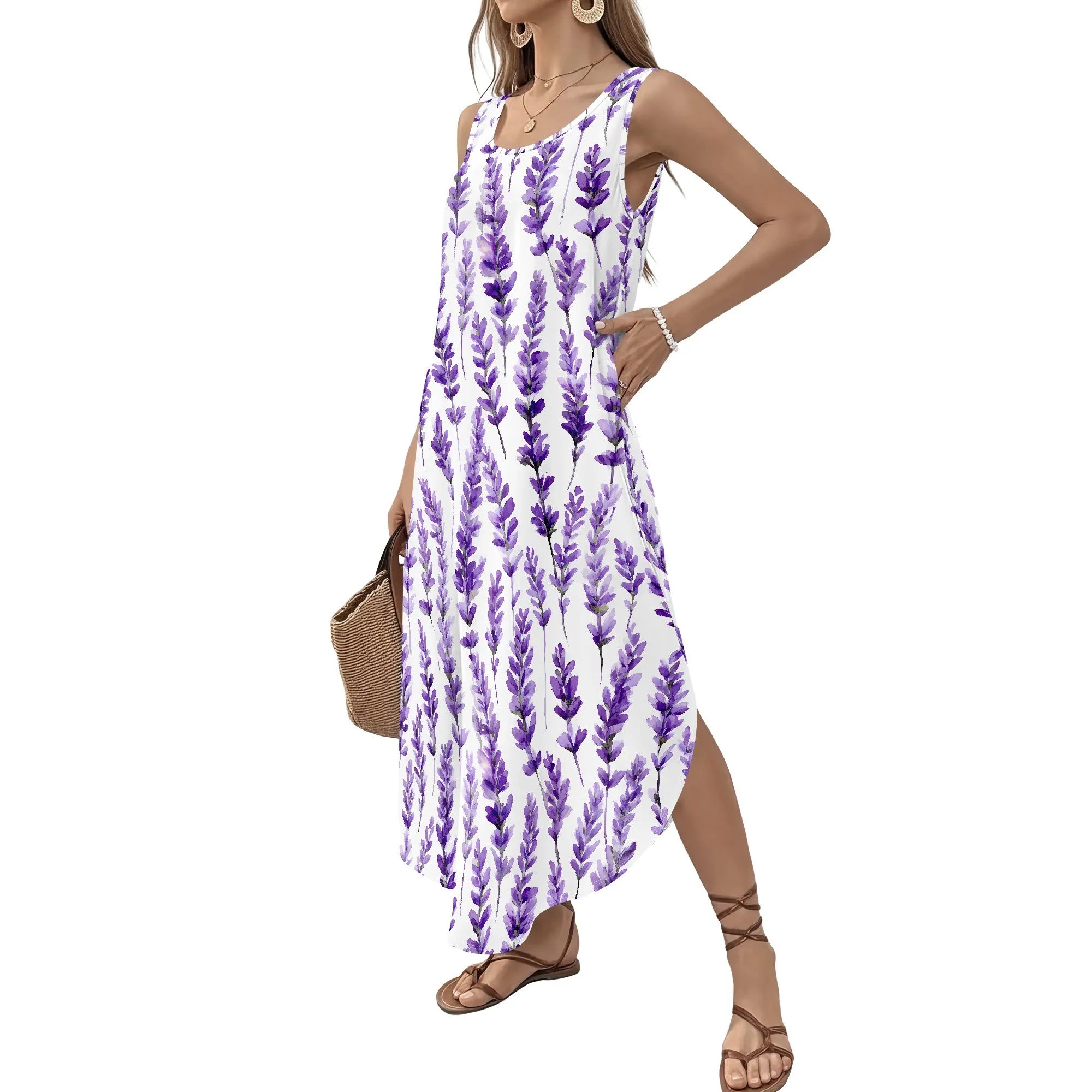 Purple Lavender Print, Sleeveless Maxi Dress, Floral Pattern, Loose Fit, Summer Beach Vacation Wear, Pockets, S-2XL
