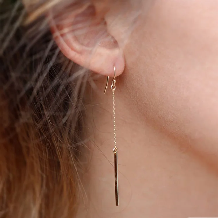 Minimalist Geometric Bar Threader Earrings for Women Gold Color Long Chain Tassel Drop Earring Linear Dangle Wedding Jewelry