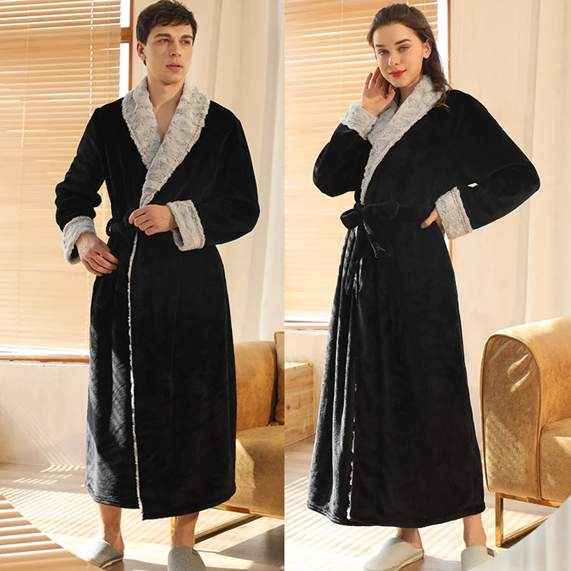 Coral Fleece Couple Bathrobes Plush Flannel Nightgown Women's Warm Robes Men's Autumn Winter Thickened Long Sleepwear Home Wear