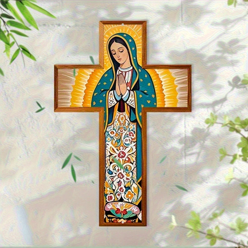 2D Flat - 1pc 2D Printed Metal Cross Featuring a Prayer to The, Measuring 8X12 Inches - a Colorful Floral Guadalupe Mural