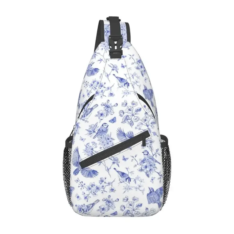 French Toile De Jouy Inspired Blue Bird Pattern Sling Chest Crossbody Bag Men Cool Shoulder Backpack for Traveling