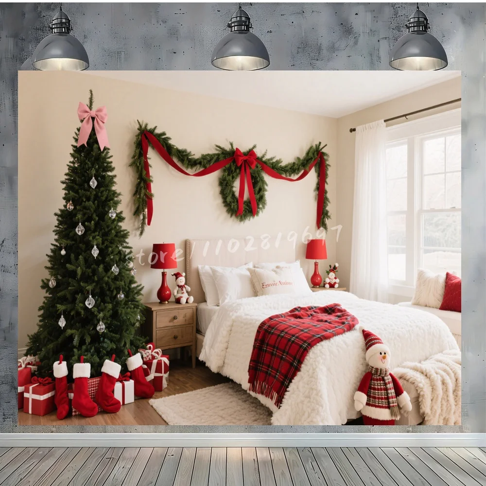 Christmas Home Office Background Cozy Indoor Scene Decorated Tree Wreath Framed Photos Desk Chair Bookshelf Festive Backdrop
