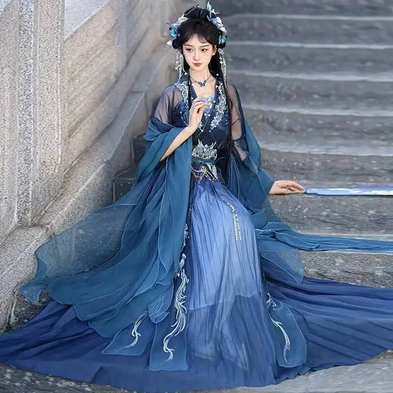 New Hanfu Dress Women Chinese Embroidered Navy Hanfu Suits Female Halloween Carnival Fairy Cosplay Costume Party Hanfu Dress