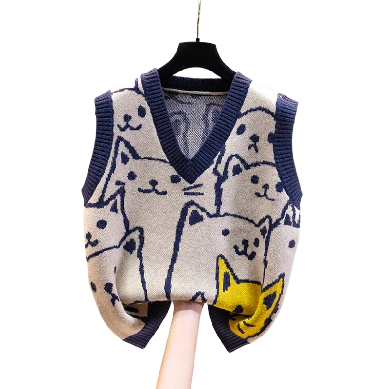 

Cartoon Printing V-neck Knitted Sweater Women's vests Spring Autumn Loose Sleeveless Tank Top Waistcoat Clothing Accessories