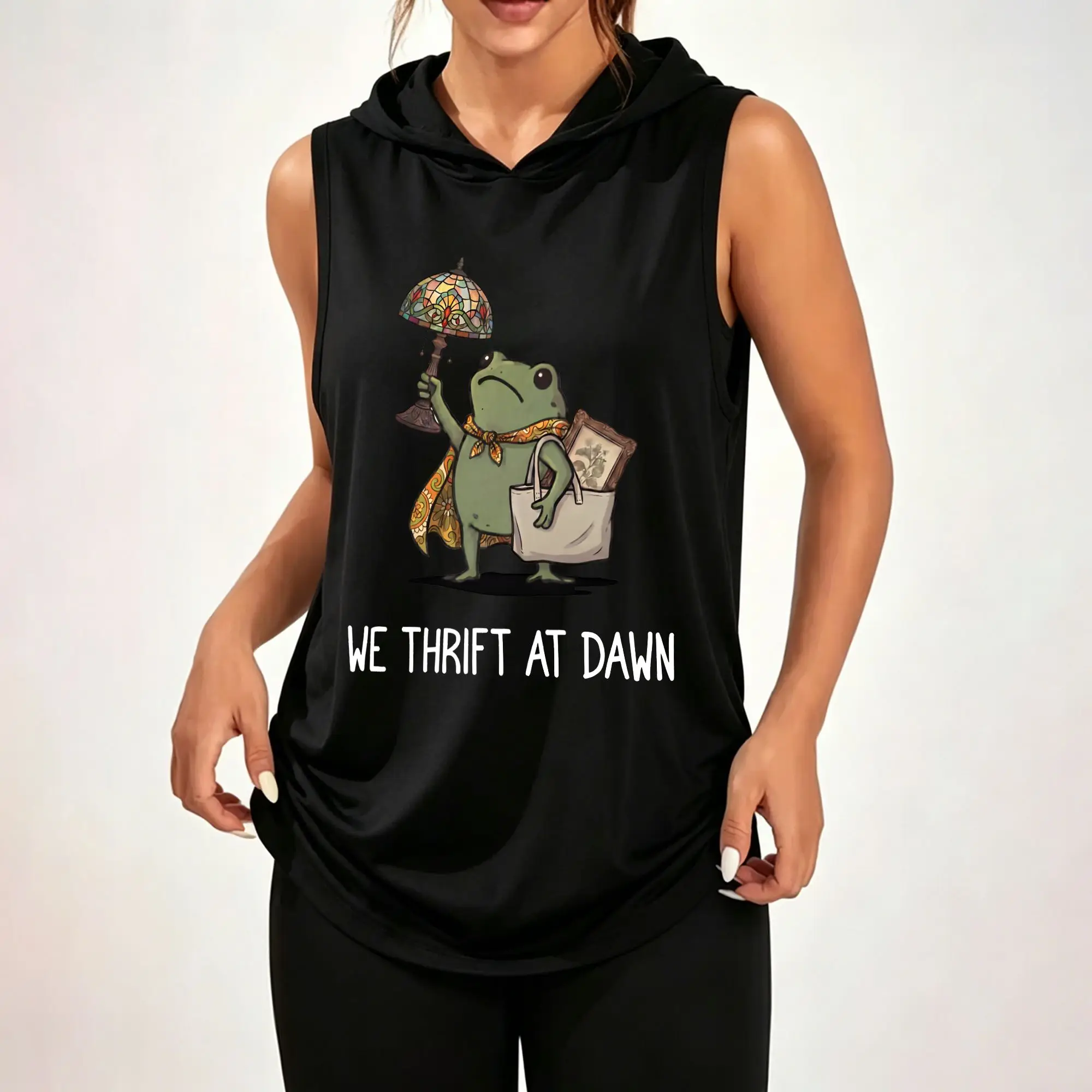 Women Sleeveless Hooded Tank Top Cute Frog "We Thrift At Dawn" Graphic Print Casual Loose Sleeveless Hoodie Daily Hood Tank Tops ****