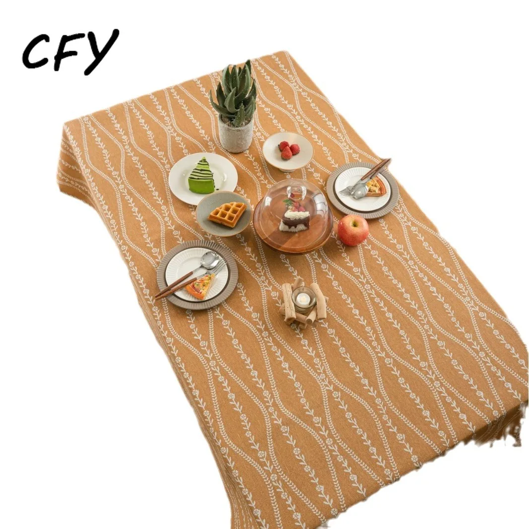 Cotton Linen Countryside Orange Flower Print with Tassel Thick Rectangular Wedding Dining Table Cover Tea Table Cloth