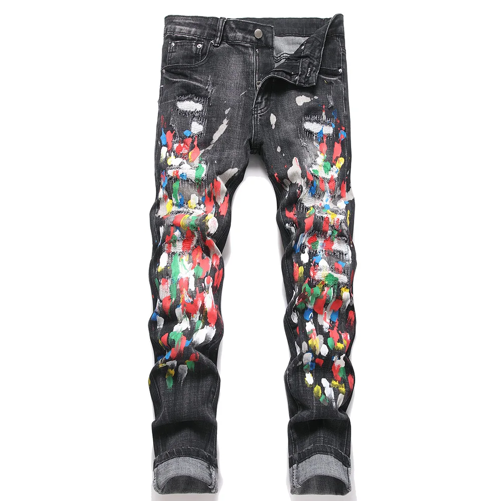 

Men Painted Stretch Denim Jeans Embroidery Patchwork Slim Tapered Pants Streetwear Black Trousers