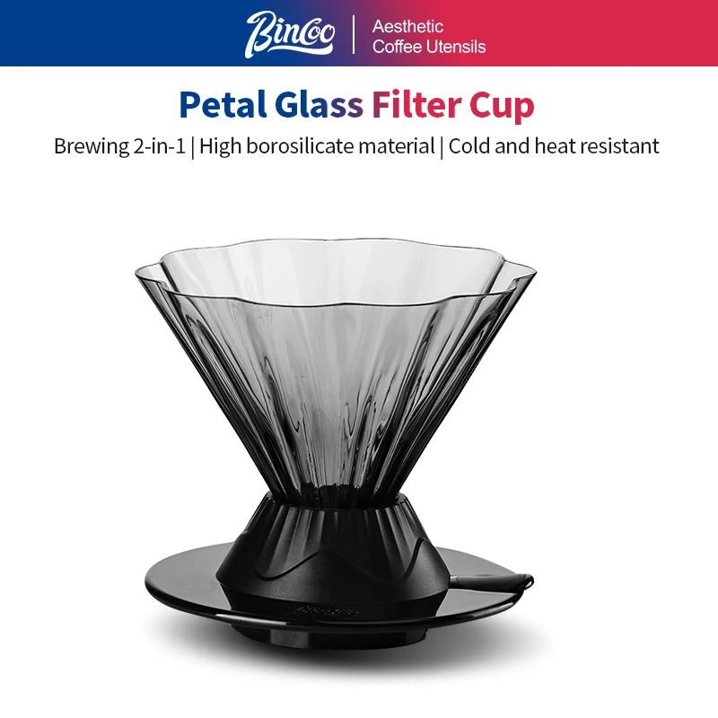 Bincoo Glass Pour Over Coffee Dripper Rim Ribbed V‑Type Coffee Filter Cup with Base & Saucer Hand Brew Coffee Funnel