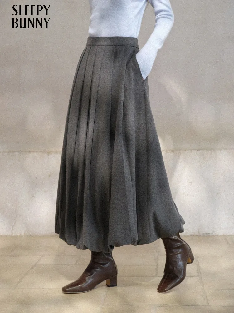 Vintage Pleated Wool-Like Midi Skirt for Women High Waist Gray Balloon Hem Skirt Elegant A-Line Long Skirt Autumn Office Outfits