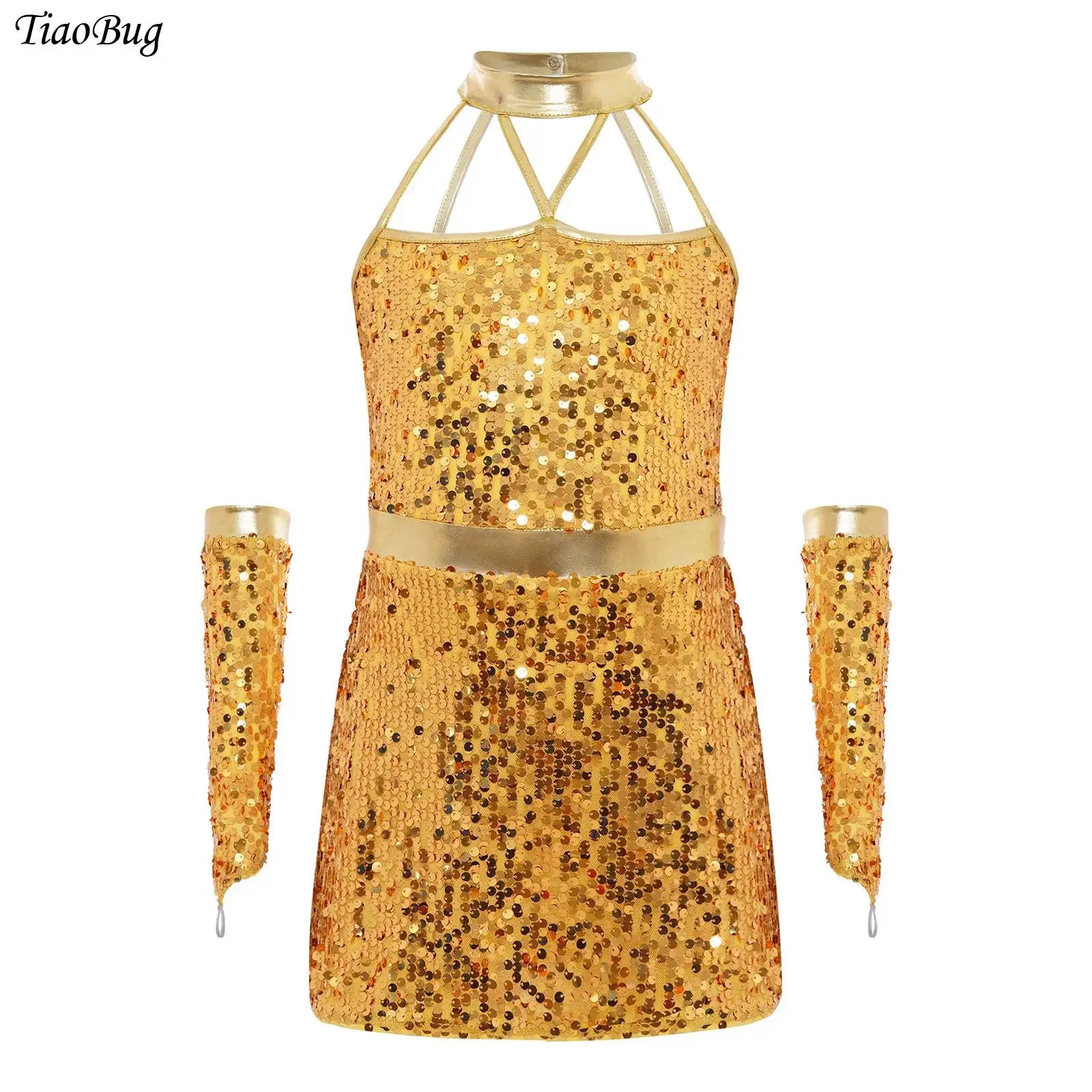 

Kids Girls Jazz Dance Performance Costume Halter Strappy Sleeveless Sparkling Sequin Gymnastics Ballet Leotard Dress with Gloves