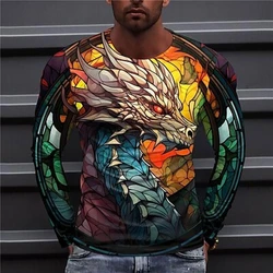 Cool Colorful Dragon T-shirt Men's Clothing Long Sleeve O-neck T Shirts Street Hip Hop Personality Autumn Outdoor Casual Tee Top