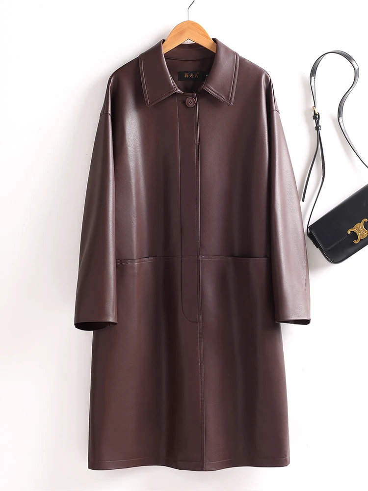   Manteau en cuir véritable Ning pour femme, mi-long, coupe ample, amincissant, en peau de mouton, coupe-vent, décontracté, vintage, personnalisé, en cuir ov...