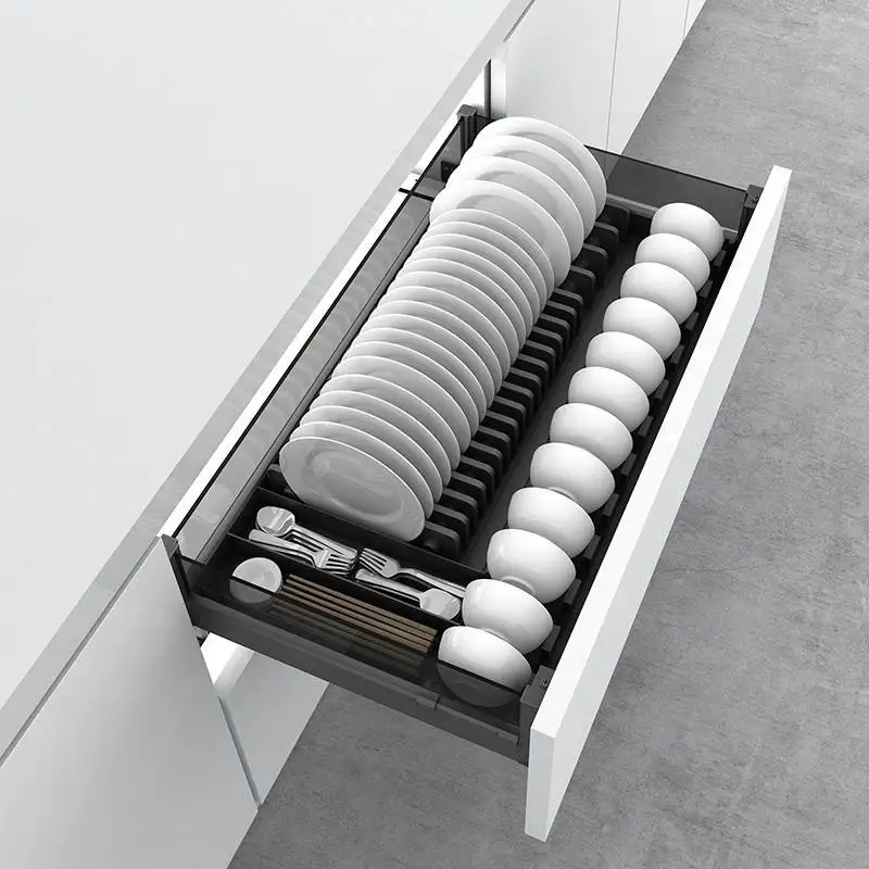 مجموعة سلة سحب من نوع درج مزدوج الطبقة من الألومنيوم بالكامل، سلة أطباق صغيرة الحجم، خزانة تخزين ضحلة للمطبخ