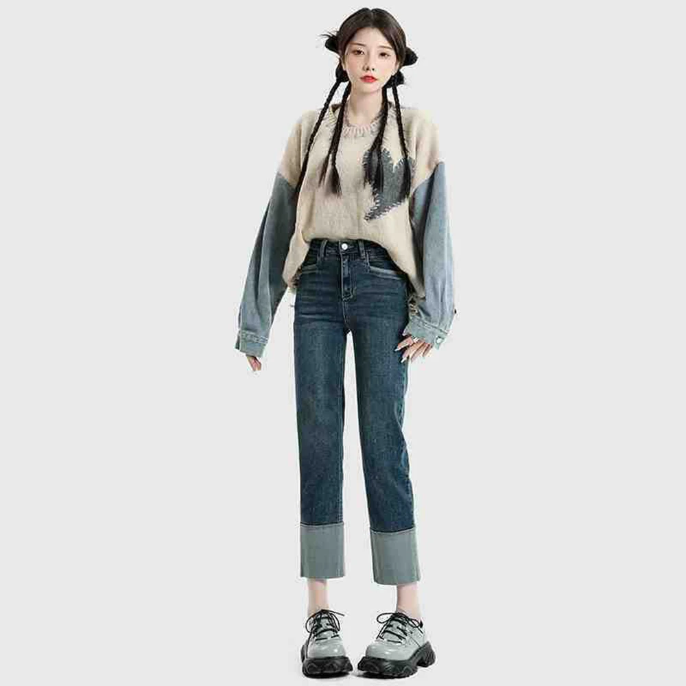 Damen Jeans Trend Vintage Kleidung Straight Leg Jeans Frau High Taille Streetwear koreanische Mode Jeans hose blau