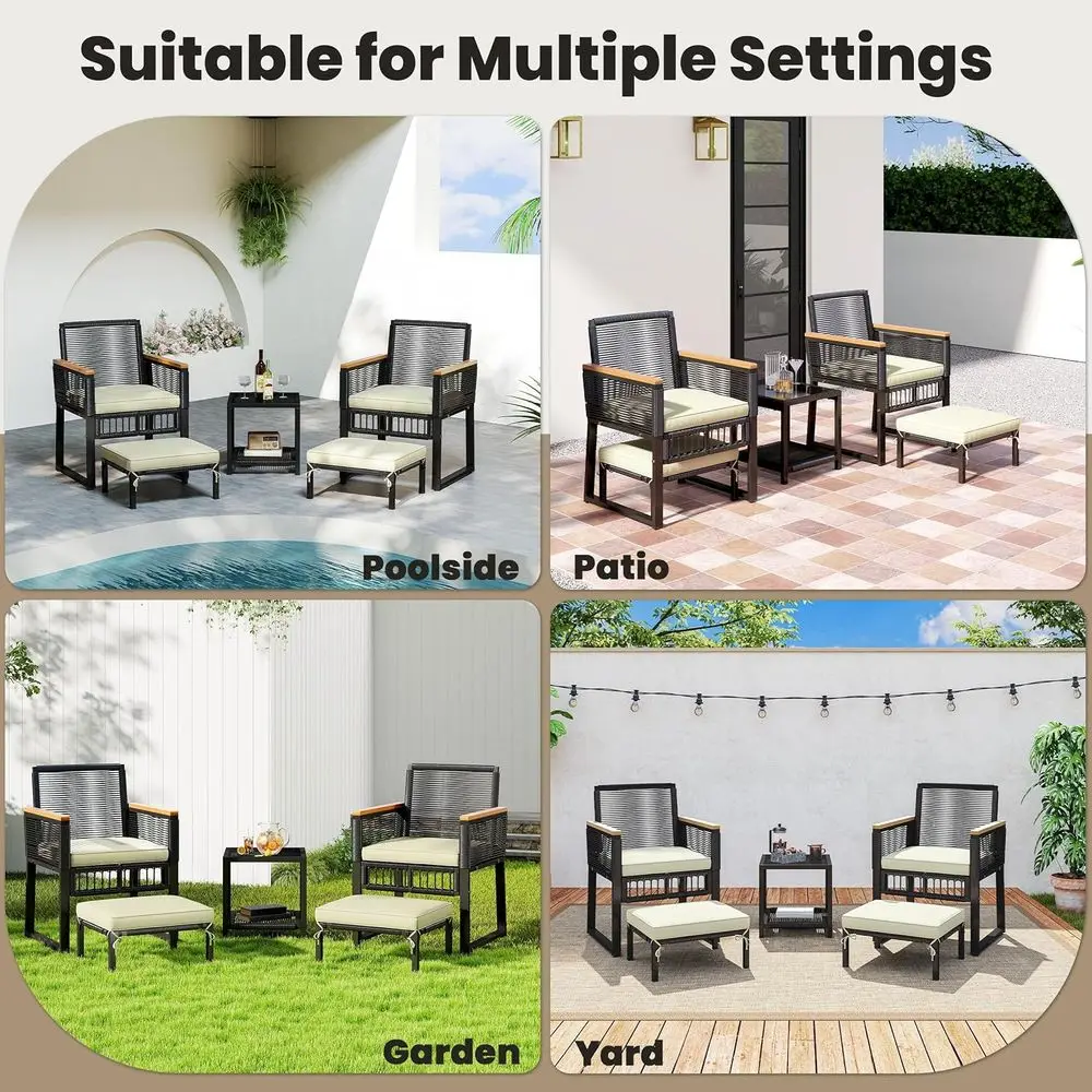 5-Piece Outdoor Wicker Patio Furniture Set with nested ottomans