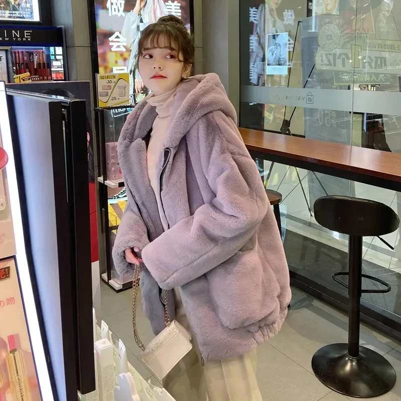 Women's Cotton Jacket  Autumn and Winter New Loose Fitting Female Hooded Fur fur fur Bread Jacket Lamb Velvet Solid Color