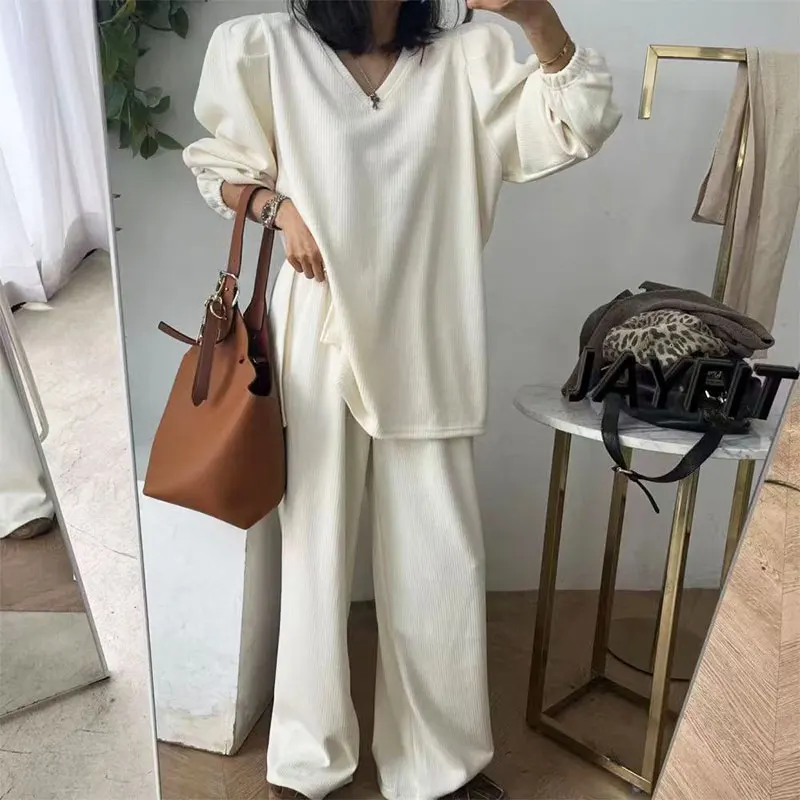 

Повседневный цветной свободный крой V-Ne Bubble Sve, топ и прямые брюки, комплект из двух предметов для женщин, весна-осень, хлопок