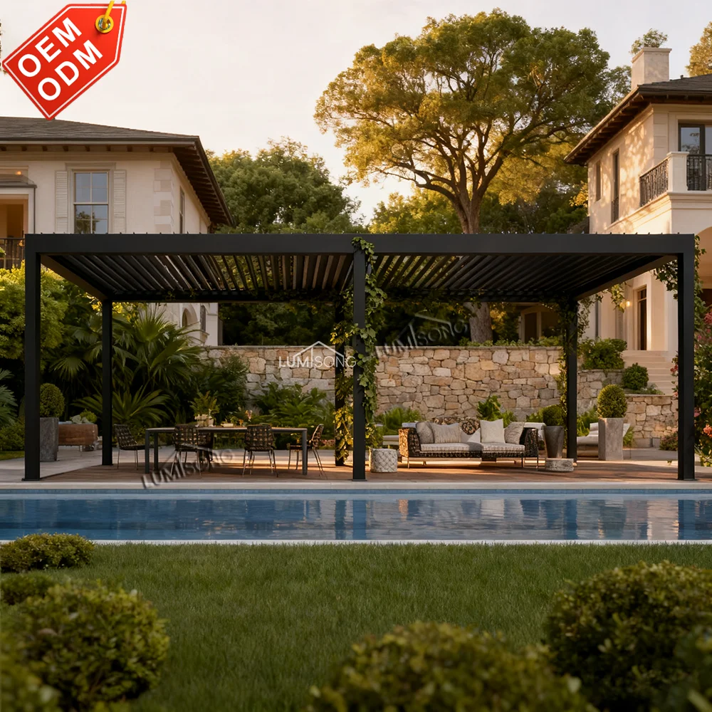 Aluminum Pergola,Remote Louvre Retractable,Outdoor Gazebo,Waterproof Windproof LED,Backyard Canopy,Custom Garden Patio Shelter