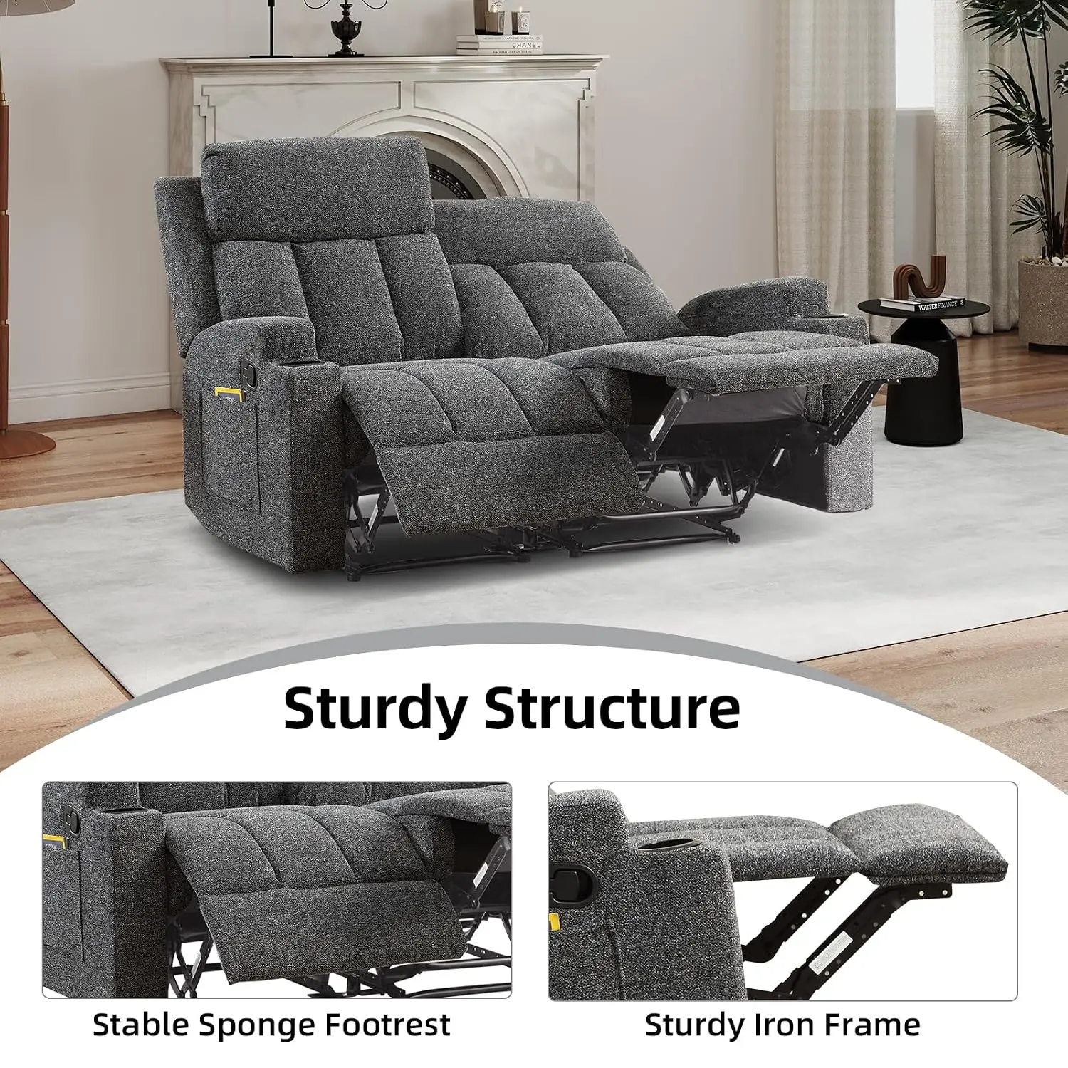 Manual Fabric Recliner Sofa Set with Side Pockets & Cup Holders for Living Room, Dark Grey, Customized