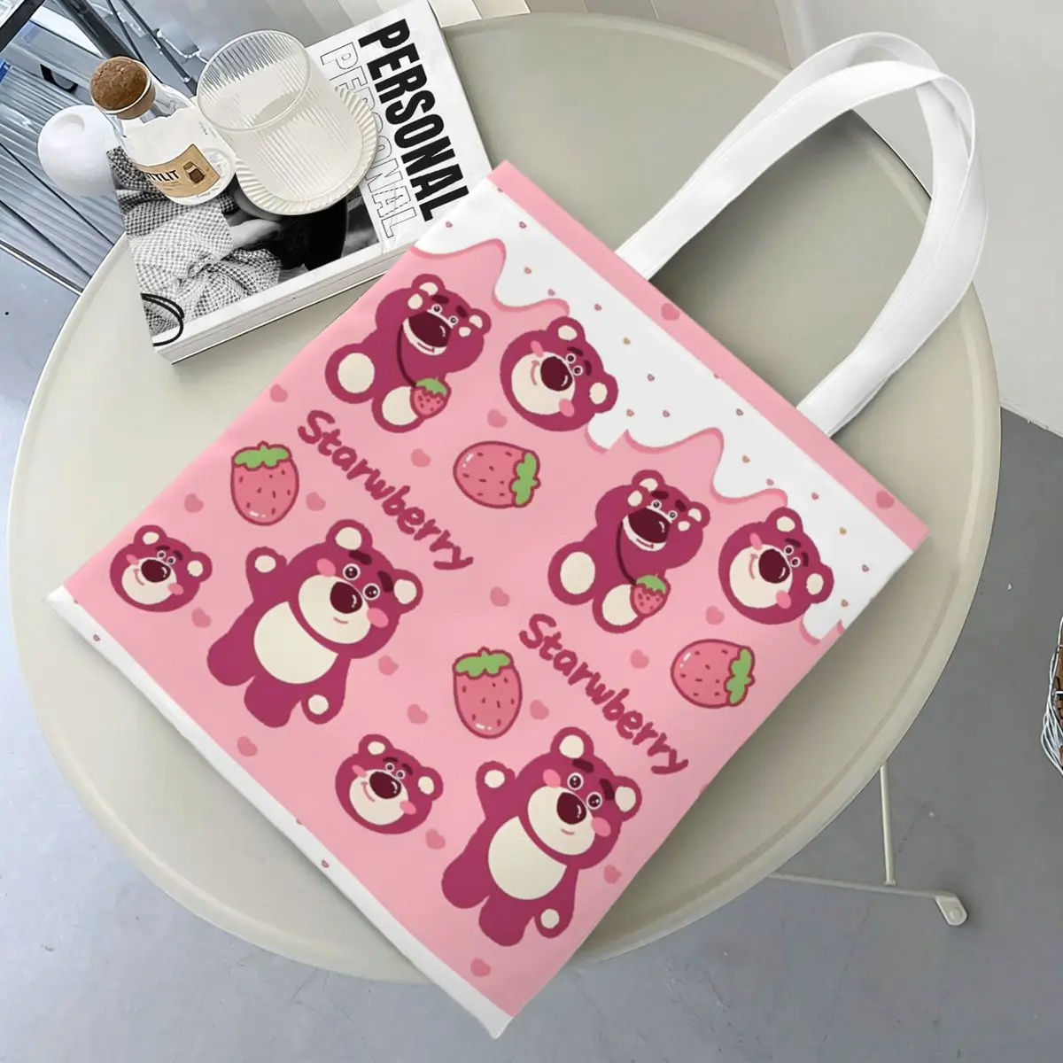 Lotso Strawberry Bear Toy Story Canvas Tote Bag Fashion Large Capacity Shopping Bag for Women Lots-o'-Huggin' Bear Shopping Bags