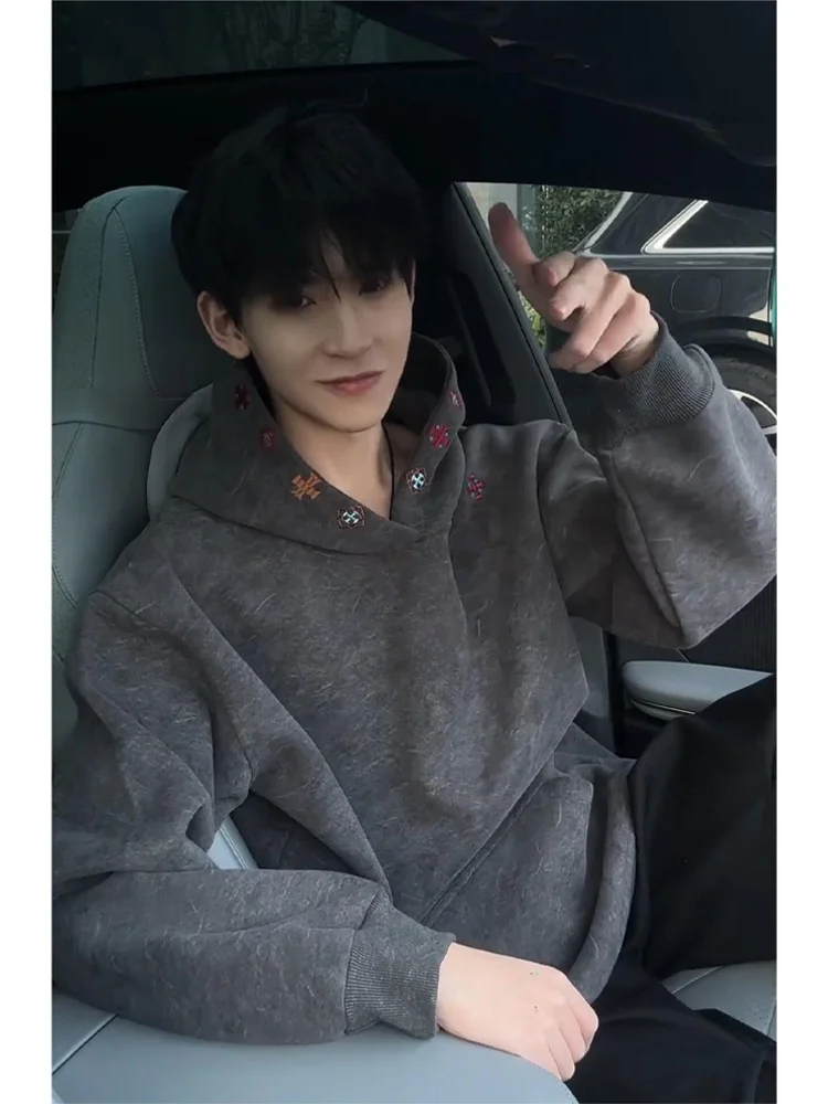 

Cleanfit Американская толстовка с вышивкой в стиле ретро, мужская толстовка с капюшоном Thiened Fce, осенне-зимняя верхняя одежда, модная брендовая свободная длинная све...