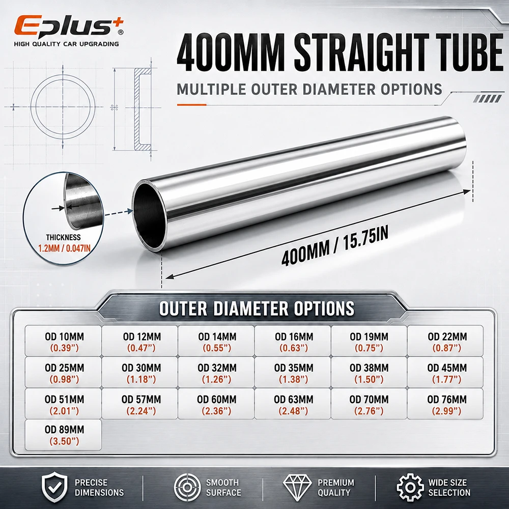 400mm Length 304 Stainless Steel Straight Pipe 1.2mm Thick Universal Round Tube OD 19-89mm for Connections Metal Tube Adapter