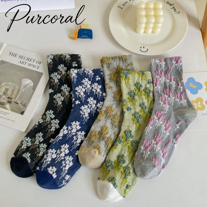 Purcoral 2026 Retro Botanical Floral Socks Jacquard Embossed Flower Print Soft Cotton Ladies Daily Wear Artistic Socks