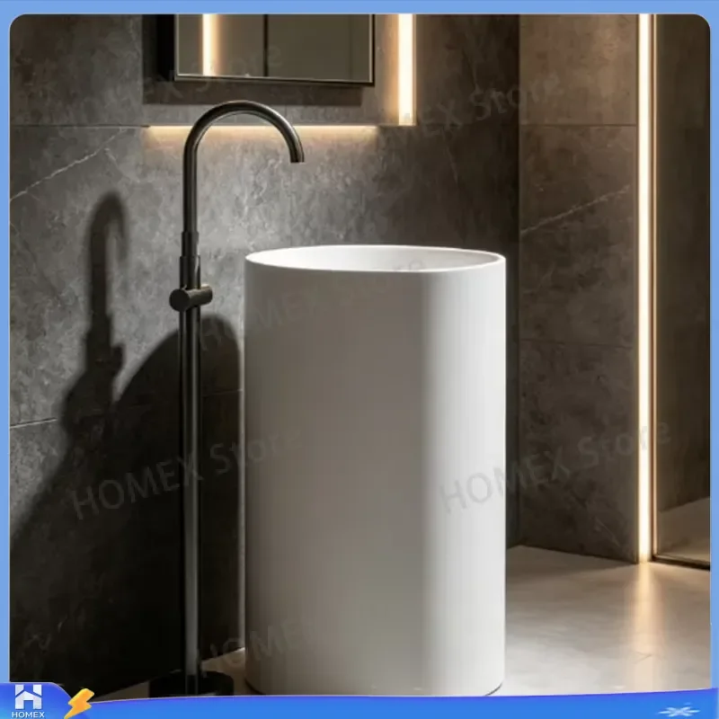 Modern Freestanding Artificial Stone Washbasin Solid Surface Column Pedestal Sink Bathroom Basin with Drain High Quality