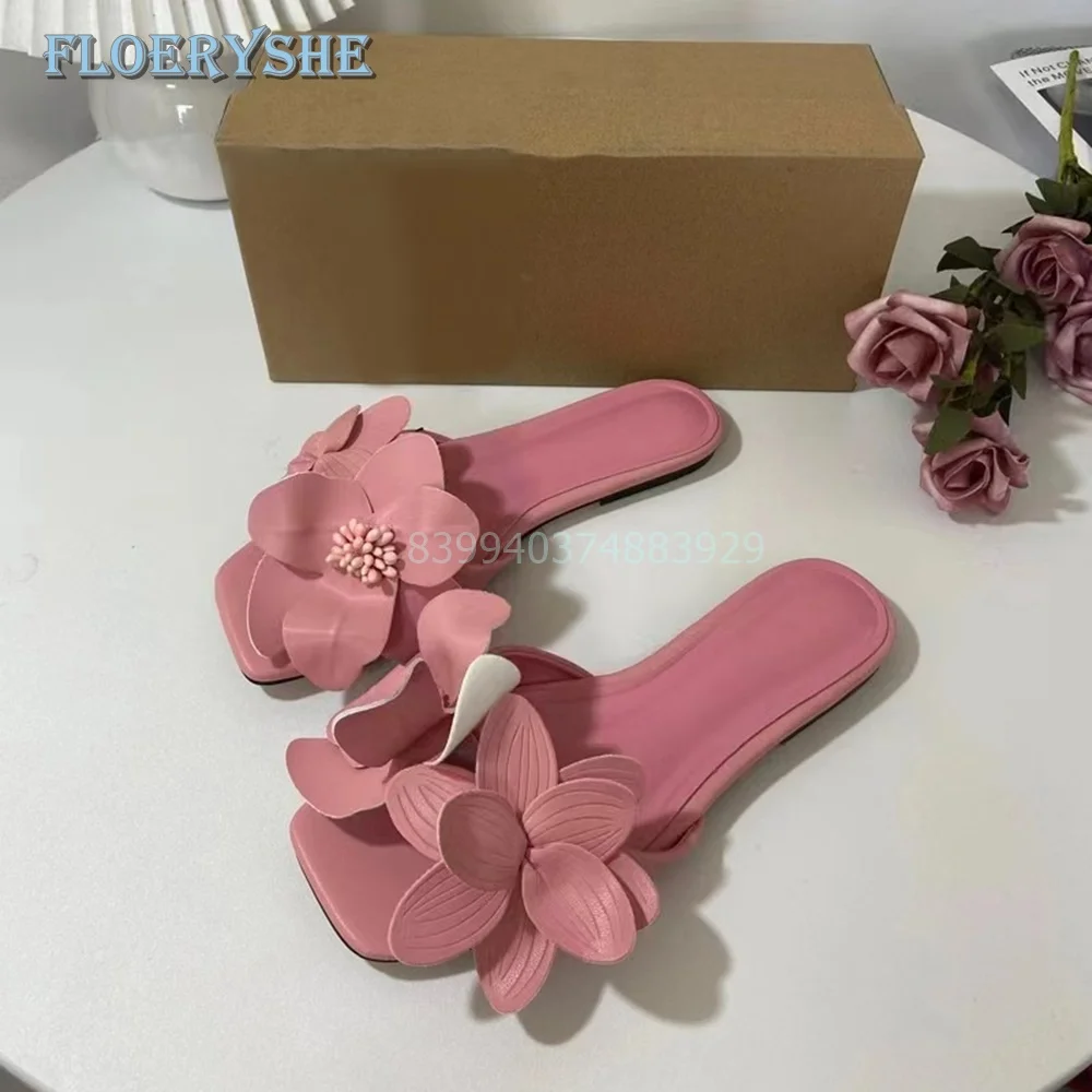 Flower Outside Slippers Summer Cystal Rome Women Flats Square Toe Solid Black Red Pink Lady Dress Cheap Slides 2024 New Fashion