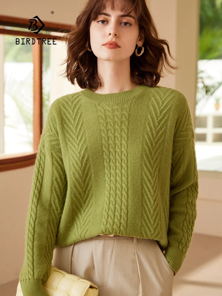 

Birdtree, 100% Cashmere Sweater, Women's Round Neck Fried Dough Twists Loose Pullover, Autumn And Winter 2024 New Top T48910KE