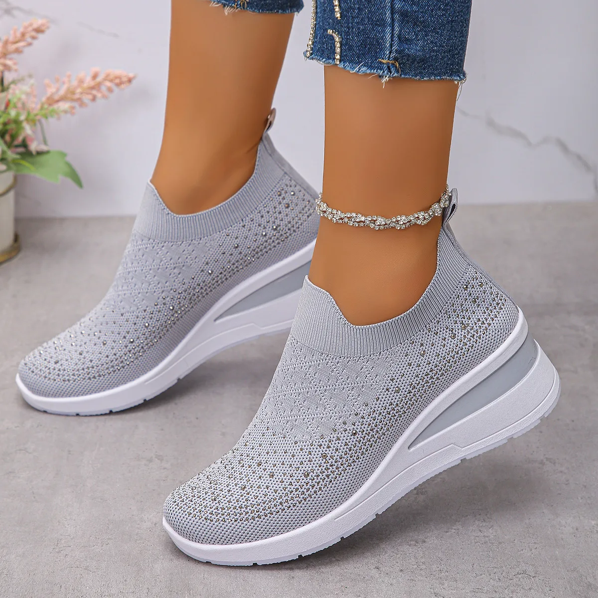 Rhinestone Decor Wedge Sneakers for Women Breathable Knitted Non Slip Running Shoes Woman Comfortable Slip On White Sports Shoes