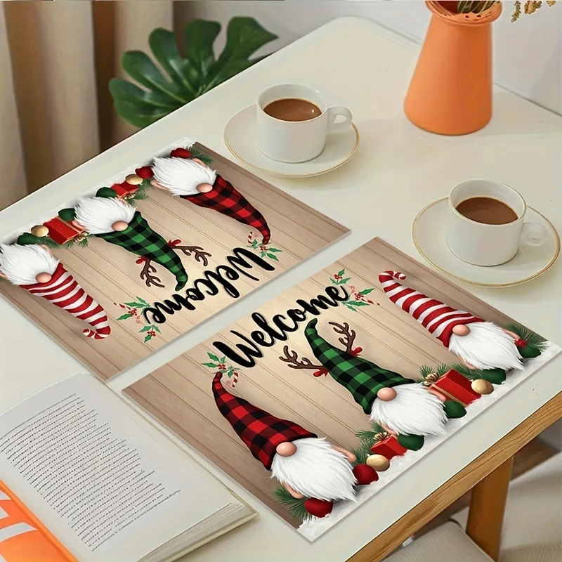 4Pcs Santa And Reindeer Christmas Placemat Waterproof Heat‑resistant Table Mat For Holiday Table Decor