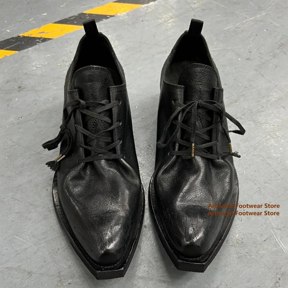 

Black Soft Leather Shoes for Men Retro Pointed Toe Thick Heel Upturned Toe Vintage Low Top Single Shoes Trendy Men's Shoes