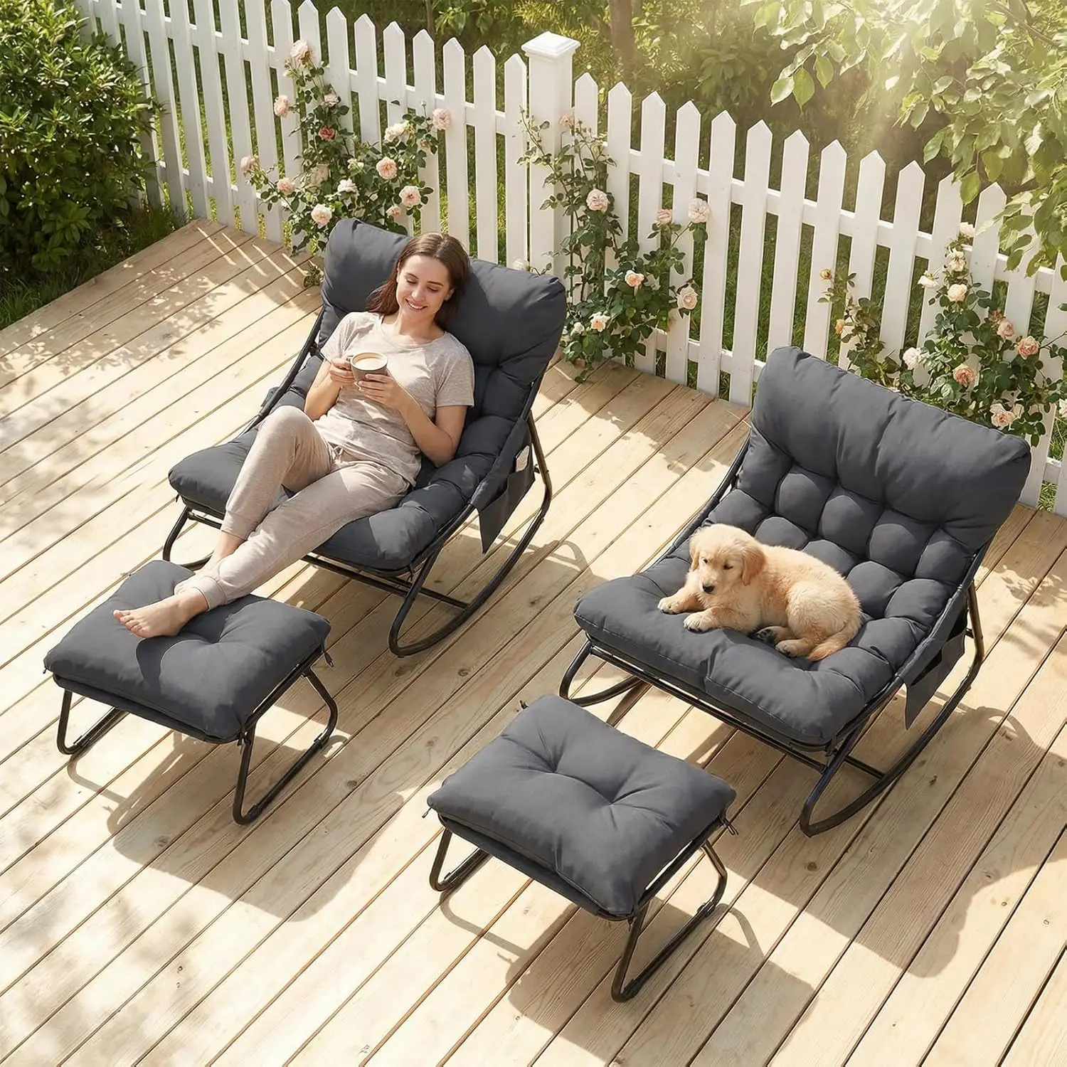 Silla Mecedora para Patio Interior y Exterior con Reposapiés, Silla Mecedora con Cojín Impermeable, Capacidad de 150 kg, Silla Mecedora para Patio