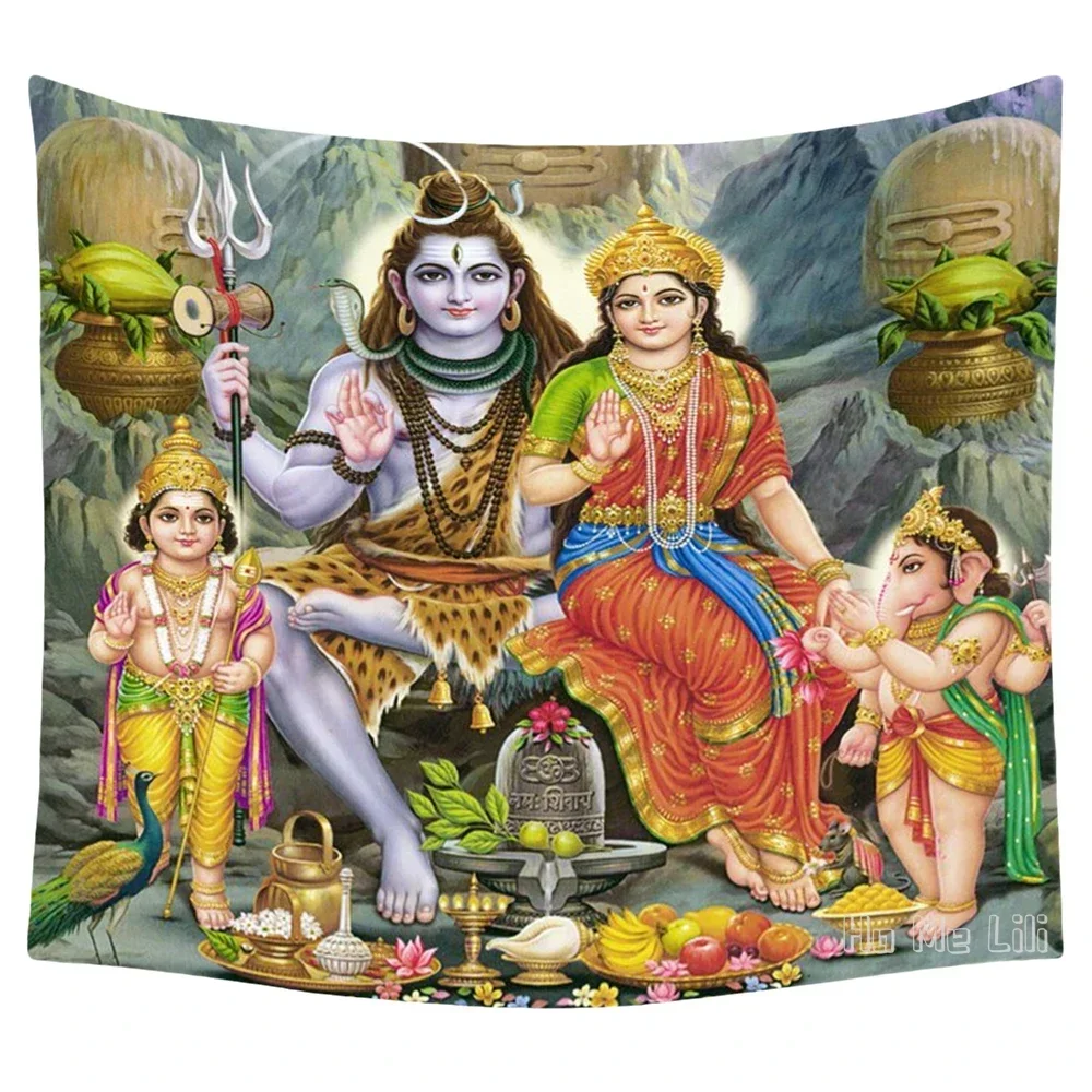 Religious Thought The Indian Gods Shiva Art Lord Ganesh Family Abstract Tapestry Wall Hanging For Living Room Decoration