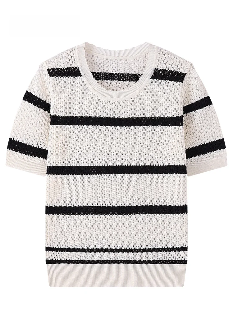 

JZZDEMM Women's Slim Fit ort Sve Knitted Top Hollow Pattern Contrast Stripe Design Summer Thin Sle Regular oulder