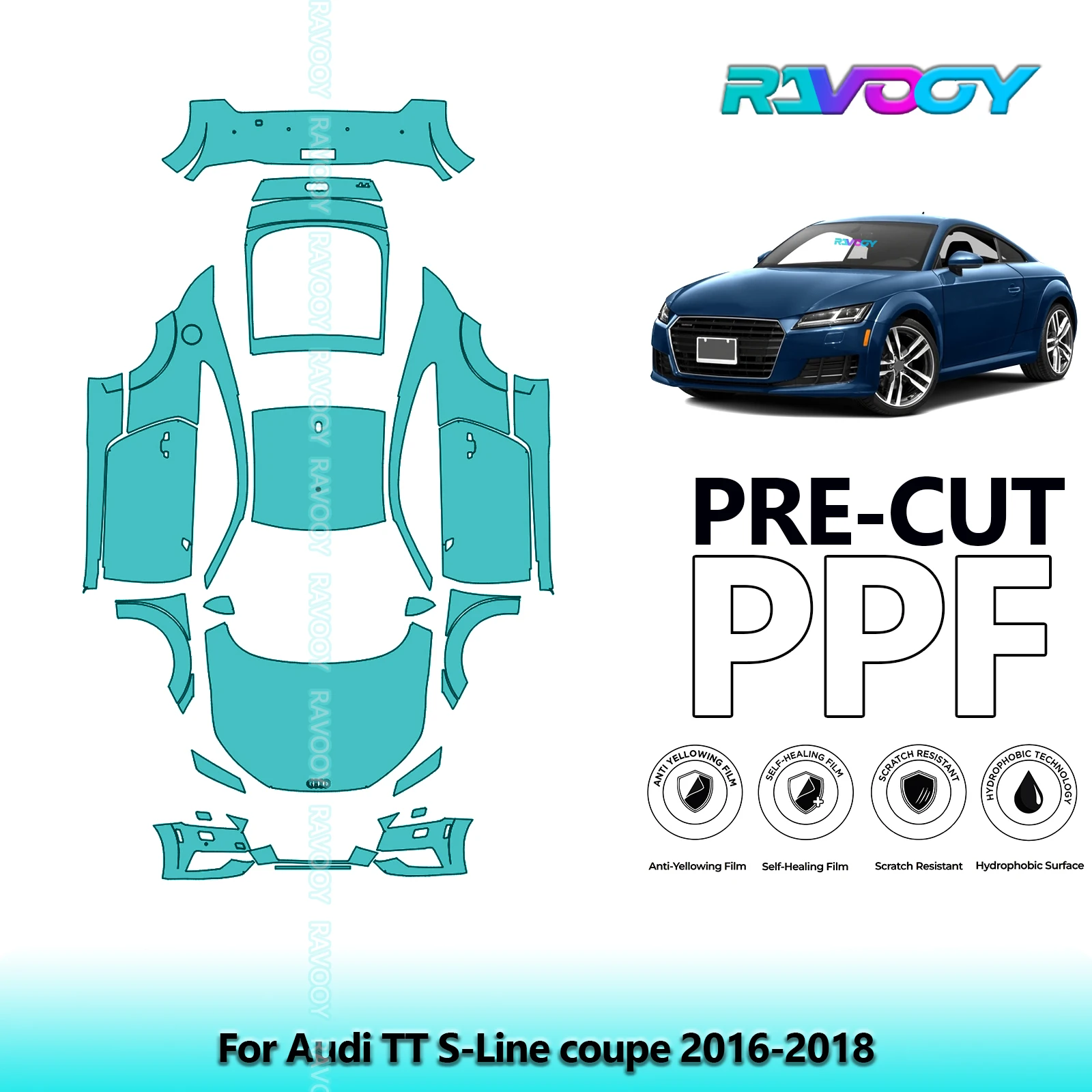 RAVOOY Custom-Fit Precut TPU PPF Full Vehicle Clear Bra Stone Guard EU UK For Audi TT S-Line coupe 2016-2018