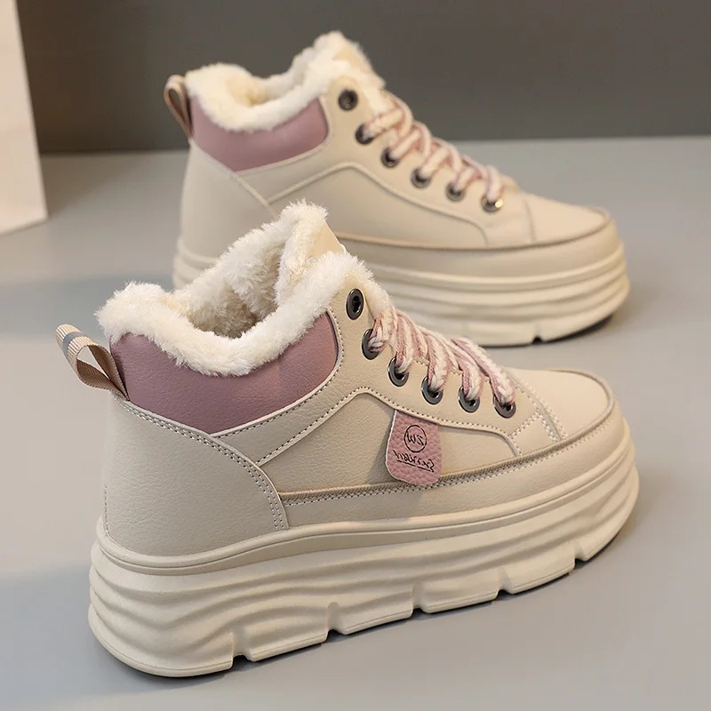 Women Casual Walking Sneakers Winter High Platform Chunky Plush Shoes Boots Inner Height Increasing Fashionable High Top Shoes