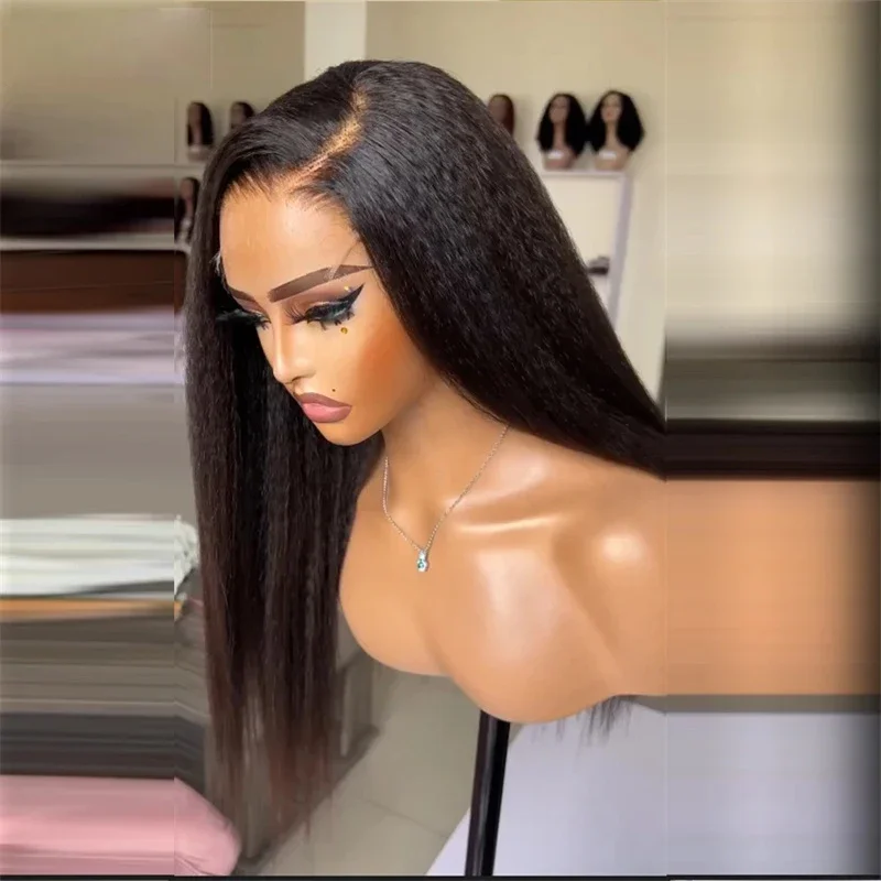 

26Inch Yaki Soft 180Density Long Kinky Straight Natural Black Deep Lace Front Wig Synthetic For Women Glueless Preplucked Daily