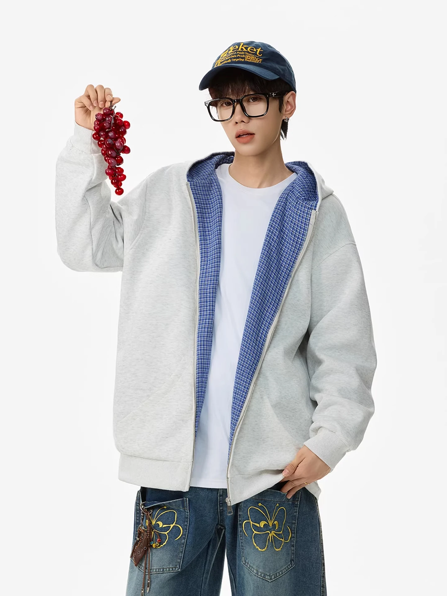 Double-Sided Wear Plaid Inner Patchwork Hoodie Men's Sle Heavyweight Open Cardigan Jaet Autumn Season Casual Loose Fit