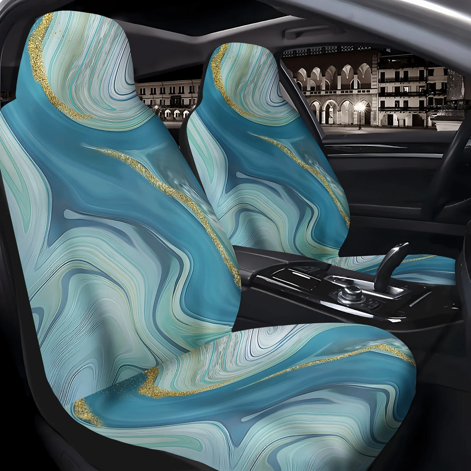 2pcs Blue And Golden Textured Pattern Car Seat Covers, Cute Car Interior Seat Accessories Front Seat Protectors For Cars, Trucks