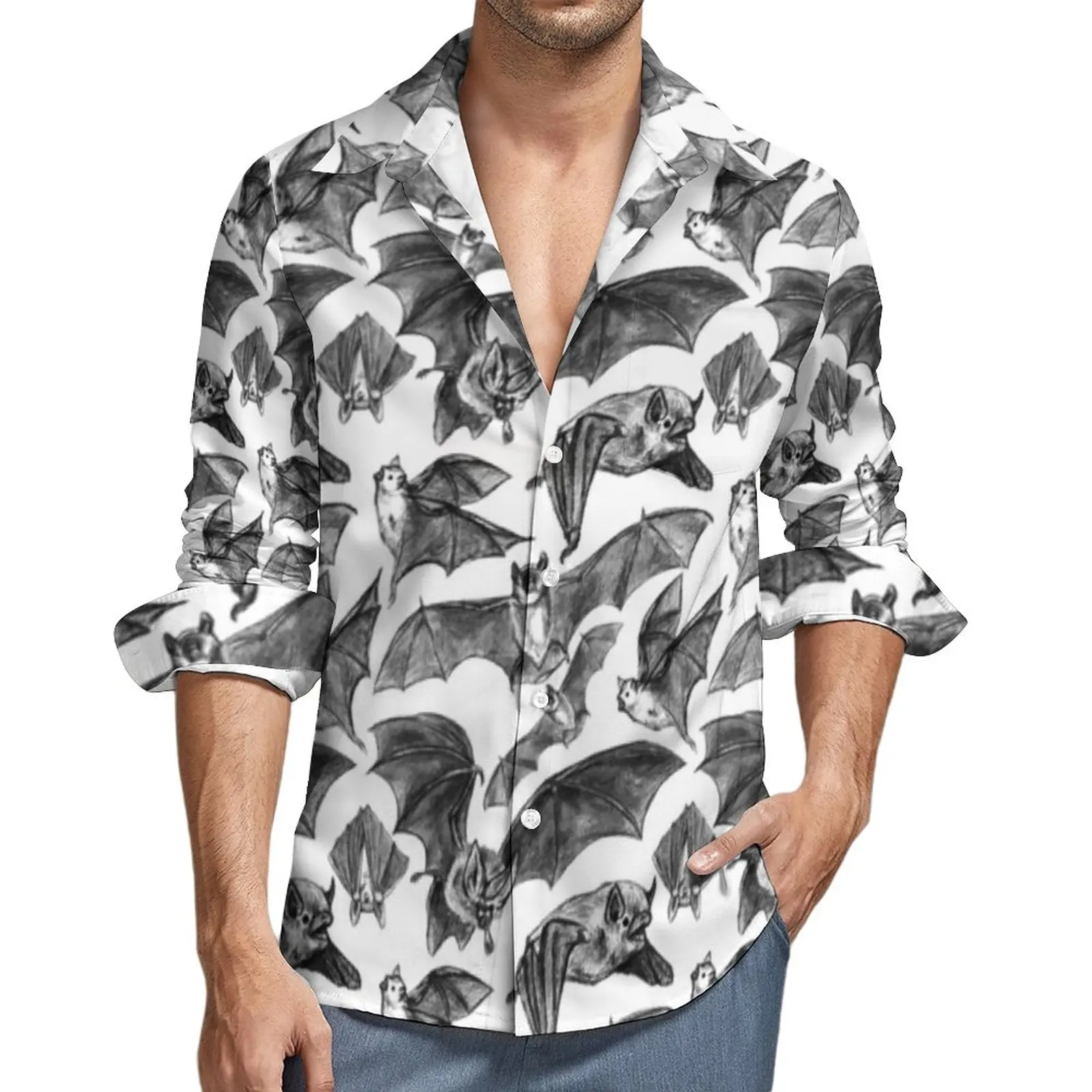 

Bat Pattern Casual Shirts Man Spooky Flying Bats Shirt Long Sleeve Fashion Y2K Blouses Spring Printed Clothes Big Size 3XL 4XL