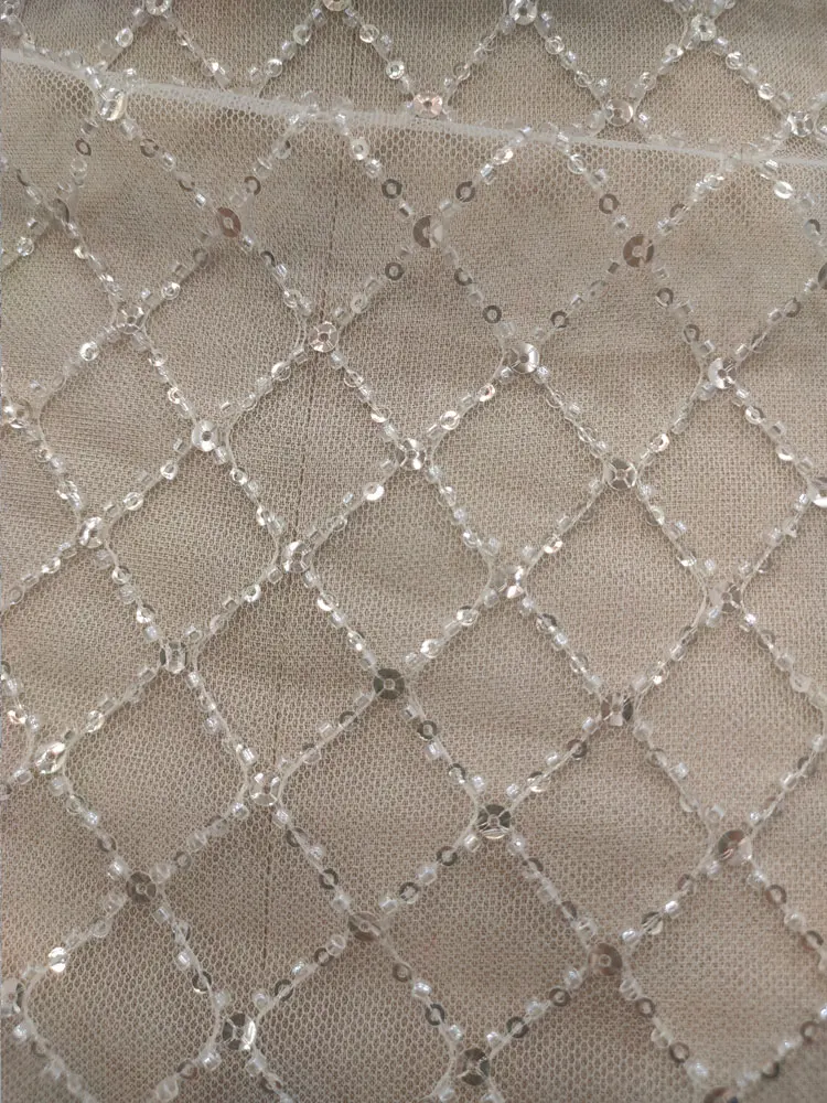 White Hollow Mesh Lace Fabric with Sequin Embroidery, Suitable for Custom Wedding Dresses Background Decoration Accessories