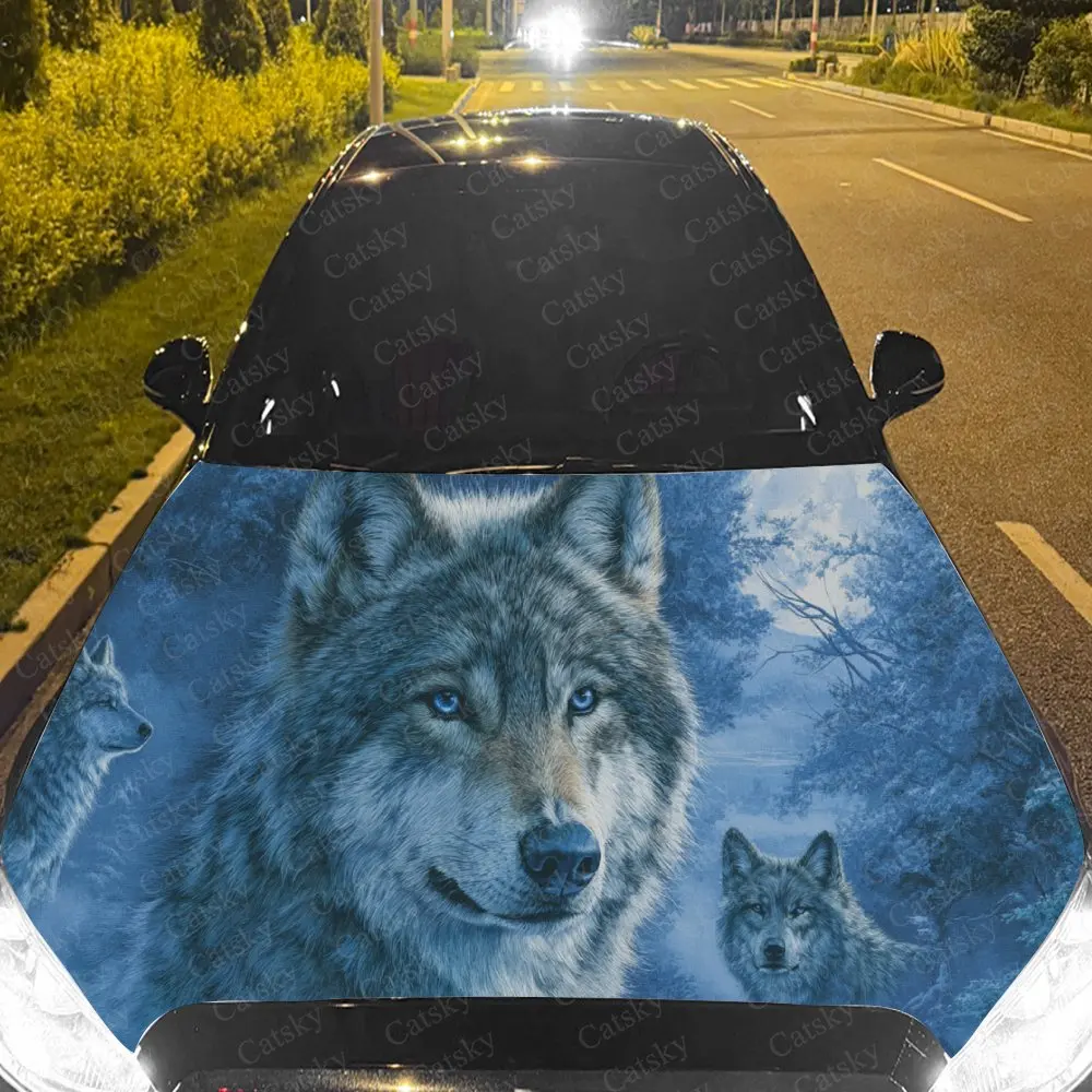 

Car Decal Blue-Hued Wolf Pair with Textural Artistic Fusion, Creating a Mysterious Wilderness-Gothic Visual Car Hood Sticker, Wa