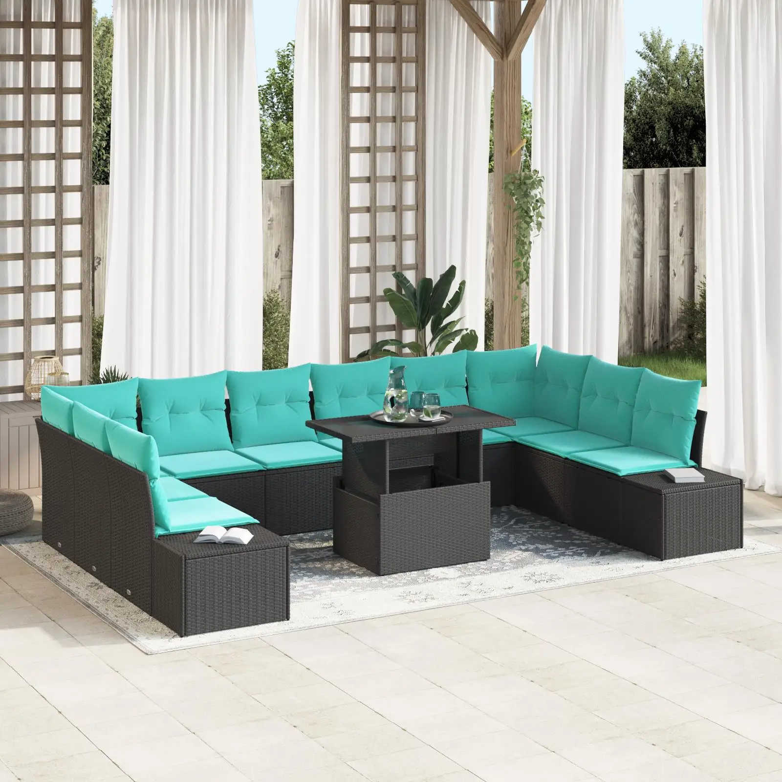 

11 Piece Outdoor Rattan Sofa Set with Cushions Black Patio Furniture Garden Seating