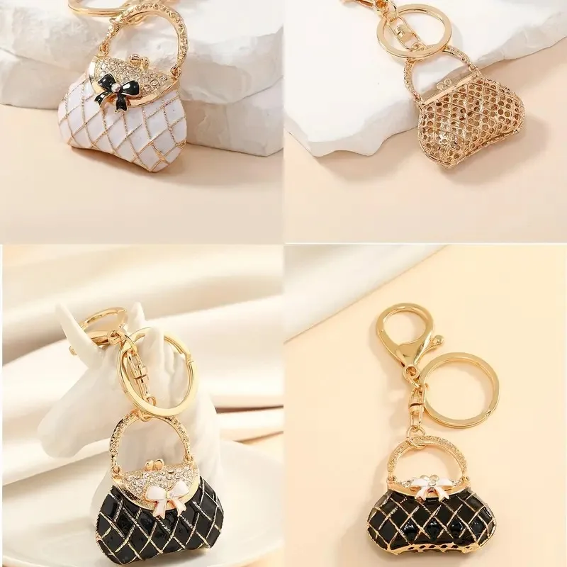 New Creative Cute Rhinestone Metal Keychain, Mini Handbag Keychain for Women and Girls Car Interior Accessories Car Decoration