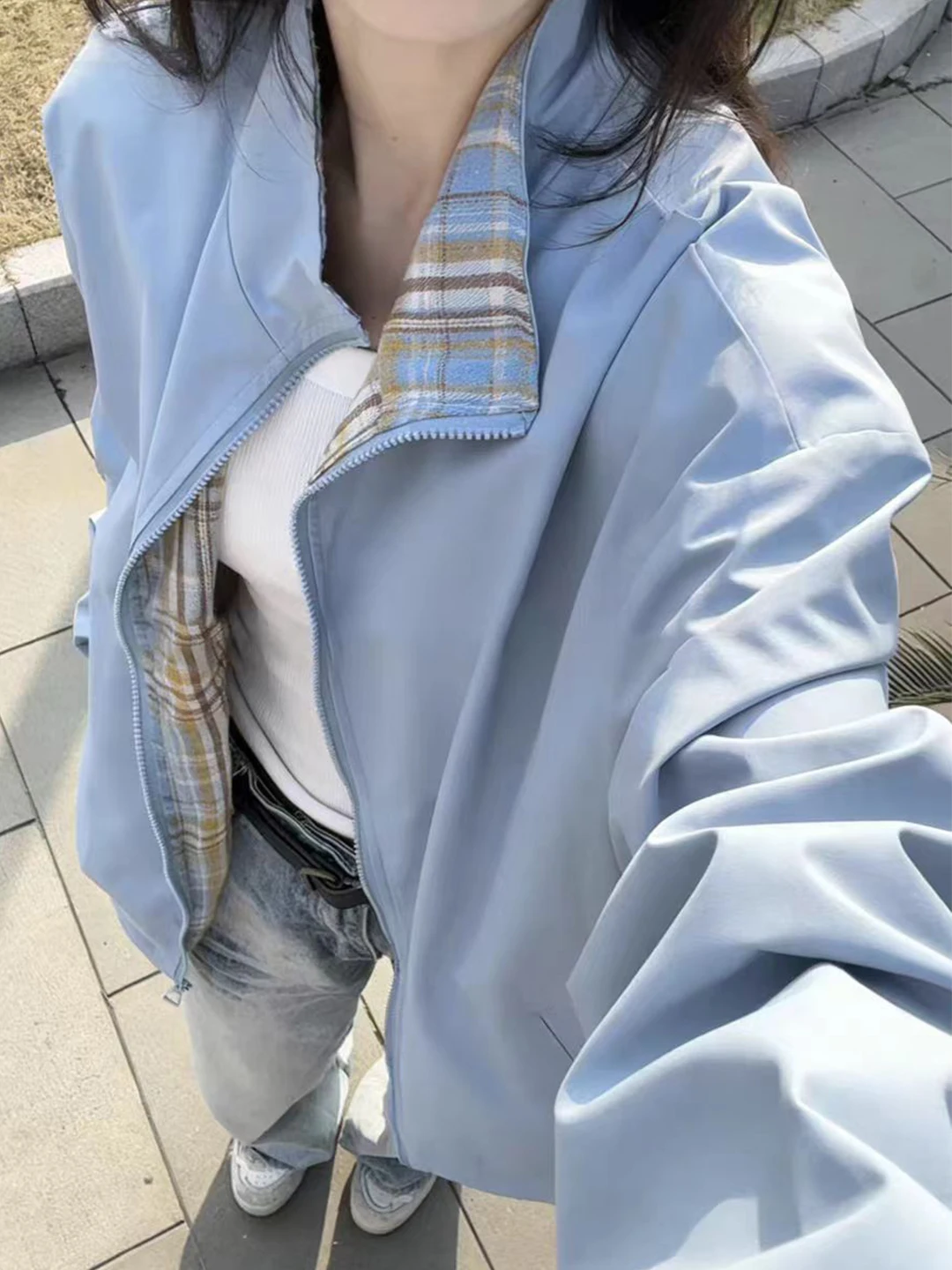 

Светло-голубая мужская куртка в клетку с пэчворком, весенняя, свободного кроя, в стиле пилот, для бейсбольных игр, молодежная, модная, с эффектом высокой посадки