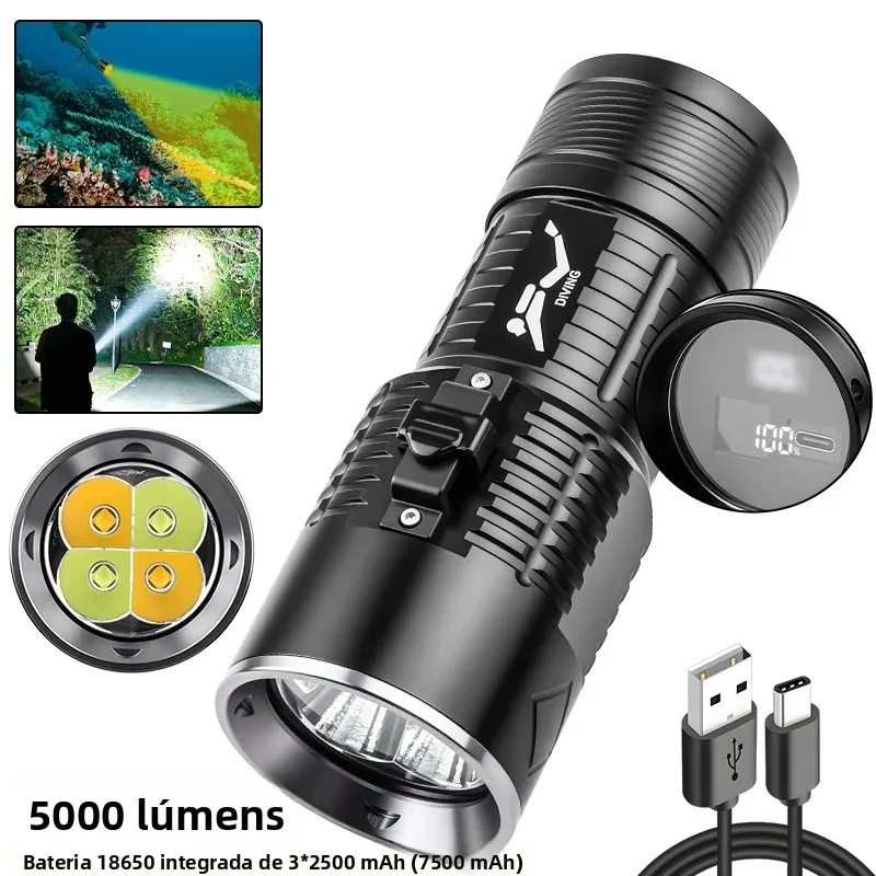 5000lm-7500mah-新型4個パック-xhp50-ダイビング高輝度懐中電灯、白光と黄色光、水中および陸上での使用に適しています