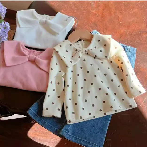 

Toddler Baby Girls Tops Korean New Autumn Bow Infant Baby Girls Tees Button Long Sleeves Polka Dot Kid Baby Girls T-shirt